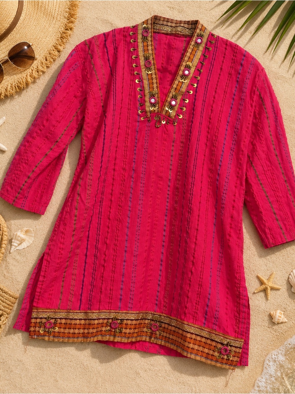 Boho Pink Embroidered Mirror Work Tunic Top Cotton V-Neck Beach Coverup Medium